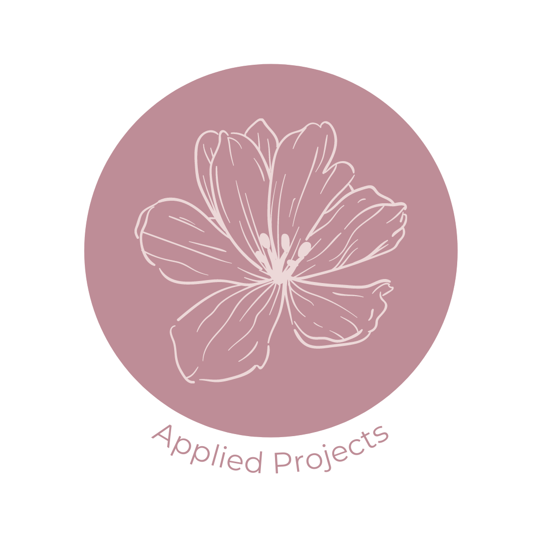 mauve circular icon with light mauve flower outline in the center. Reads applied projects underneath.