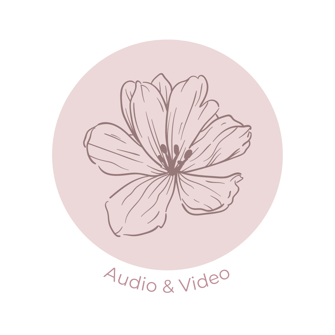 light mauve circular icon with dark mauve flower outline in the center. Reads audio and video underneath.