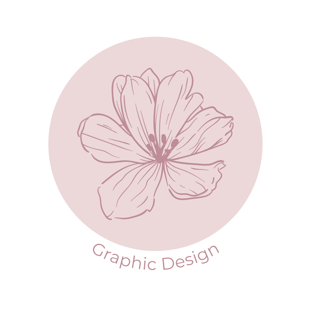 light mauve circular icon with dark mauve flower outline in the center. Reads graphic design underneath.