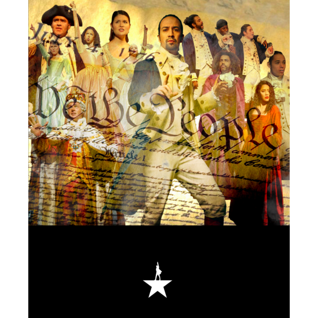 Many people from the cast of Hamilton, many different ethnicities and wearing revolutionary-era clothing. Declaration of Independence overlay. White Hamilton star/logo at the bottom center.