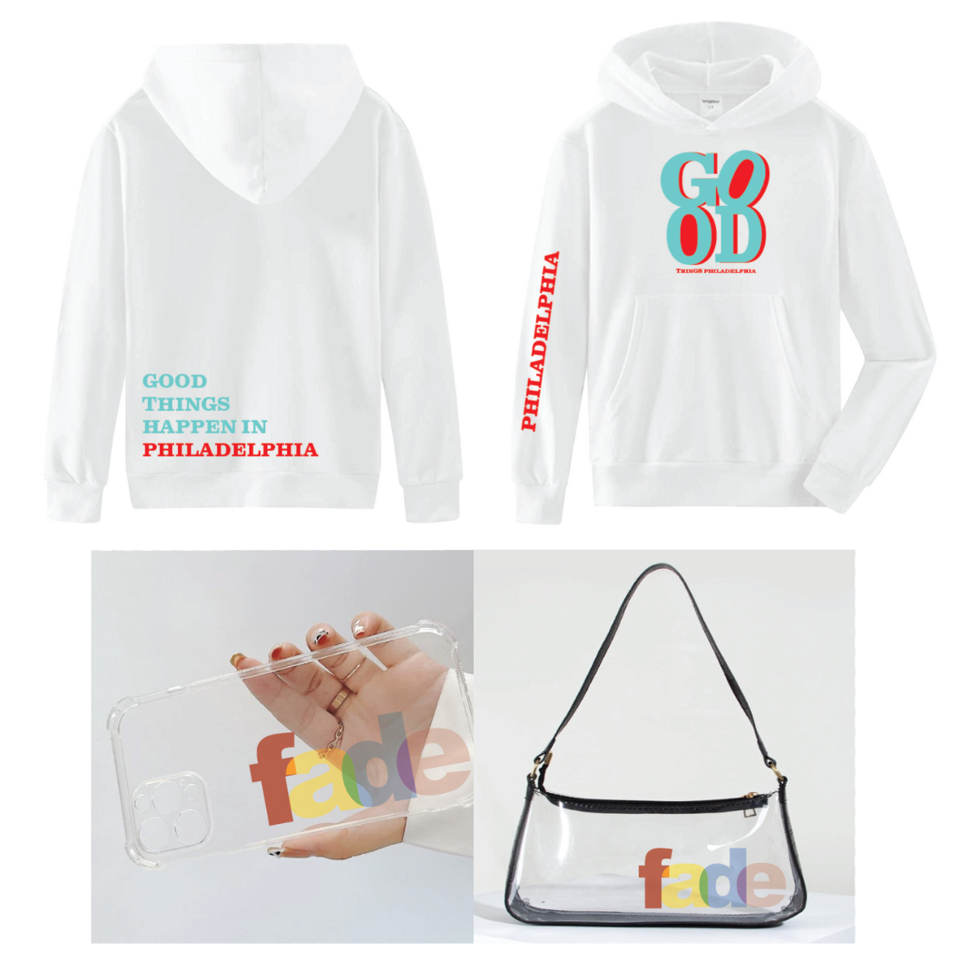 images on the top are of the front and back of a white sweatshirt with the text: good things philadelphia in blue and red. Below is an image of a clear phone case and purse with the word fade in rainbow colors.