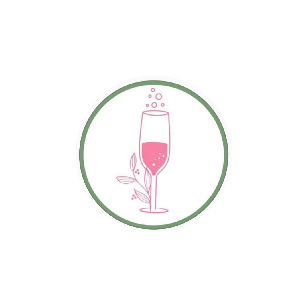 circle logo of a champagne glass, pink and green.