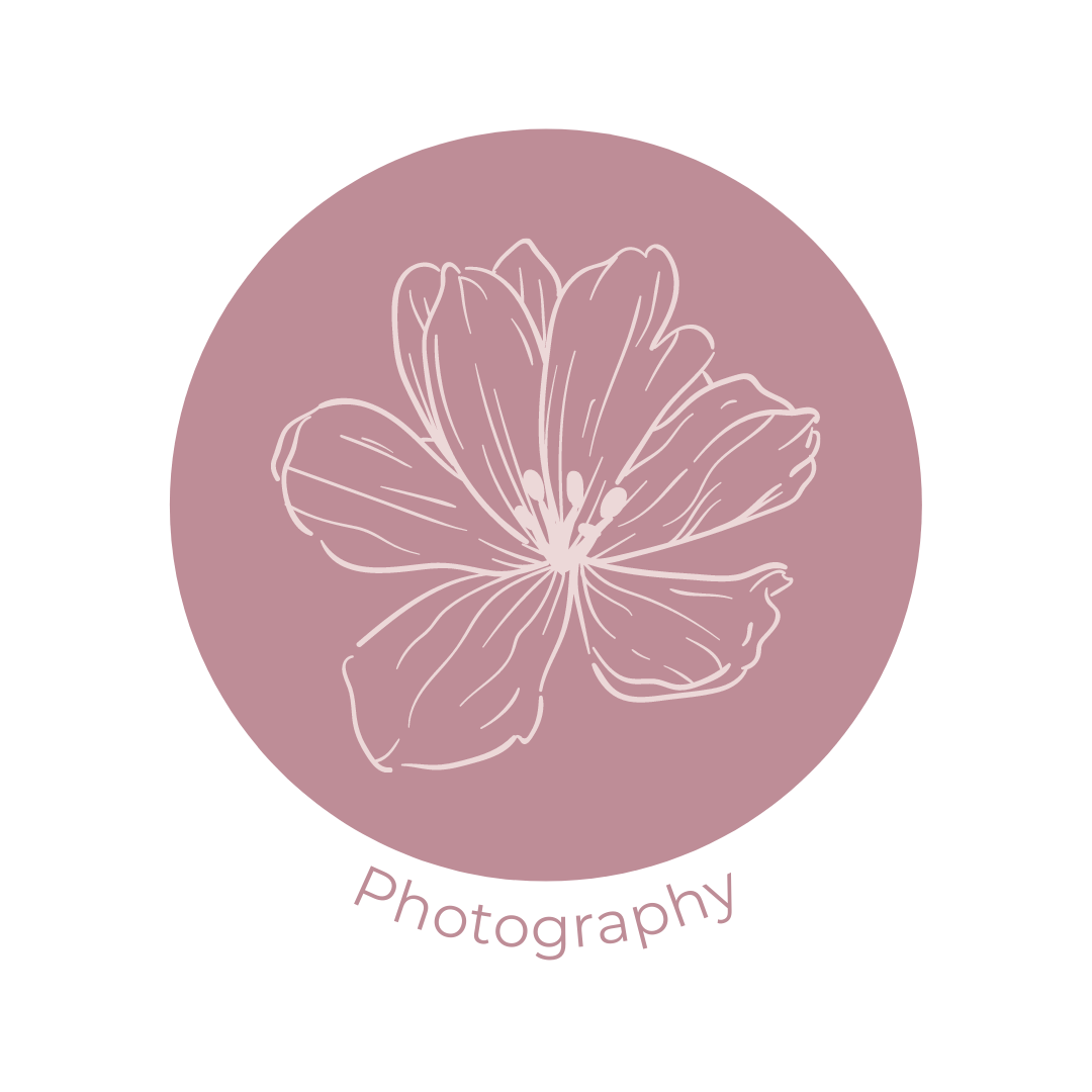 mauve circular icon with light mauve flower outline in the center. Reads photography underneath.