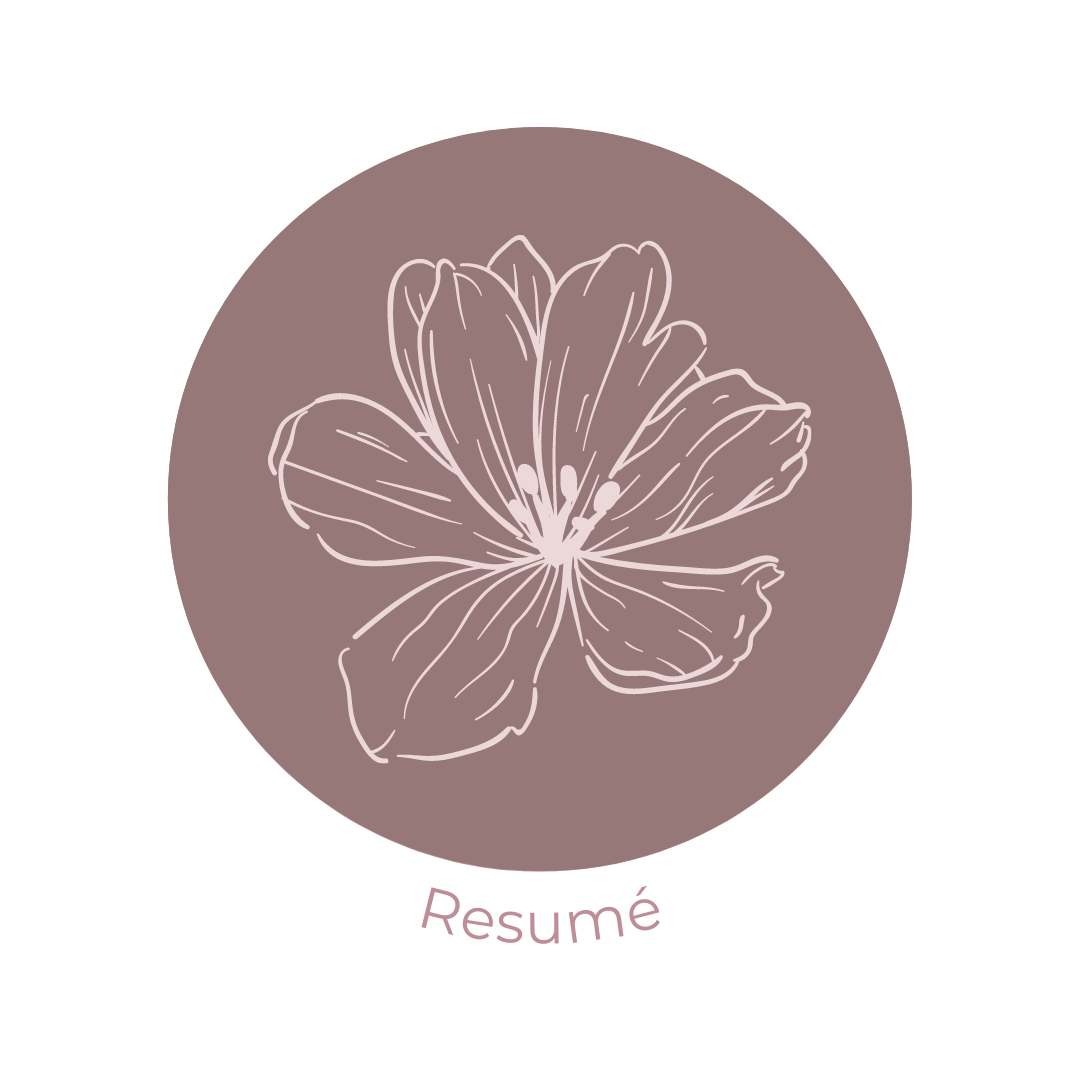 dark mauve circular icon with light mauve flower outline in the center. Reads resumé underneath.