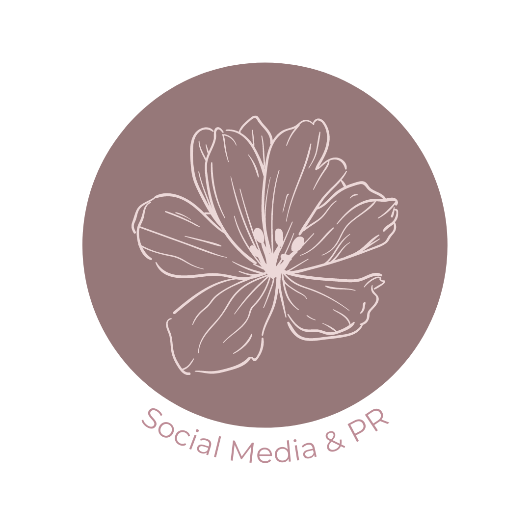 dark mauve circular icon with light mauve flower outline in the center. Reads social media and pr underneath.